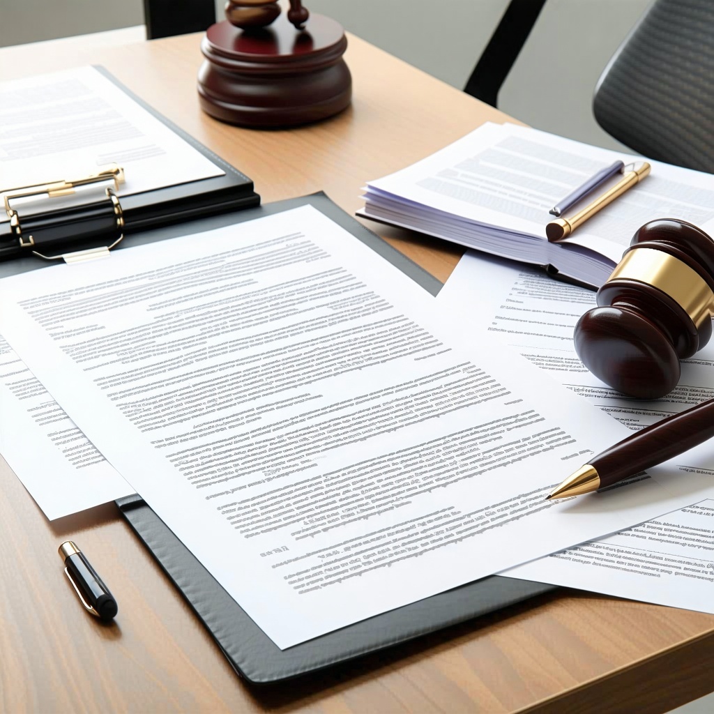 simple picture of creating legal paperwork on a table no people present just materials on a modern professional table the paperowork should look professional too with folders to hide printed text-1
